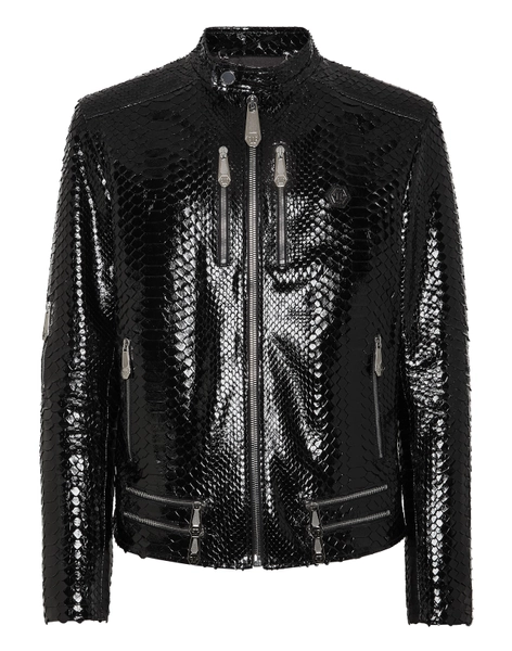Python Zipped Leather Moto Jacket