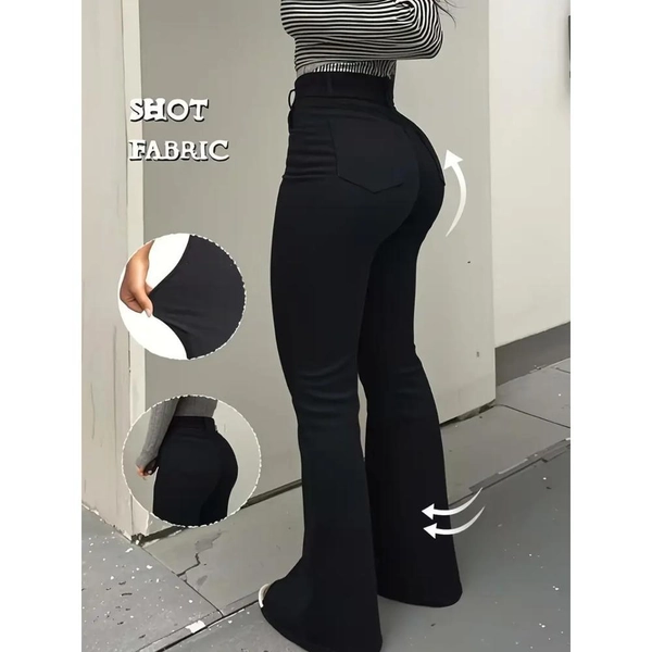 These Are Women'S Stylish Black Flare Jeans Made from Stretchy Viscose, Perfect for Casual Wear And Comfortable in Any Season, Featuring a Button-Front Design