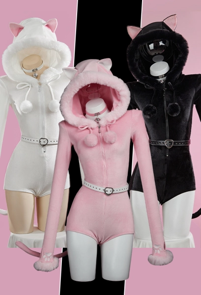Kawaii Cat Hooded Bodysuit Sexy Lingerie Neko Plush Bodycon Romper with Tail Belt