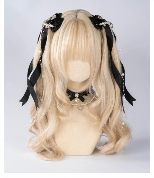 Jirai Kei Bow Hair Clip, Heart Rhinestone, Pearl Chain, Lace Trim + shipping 