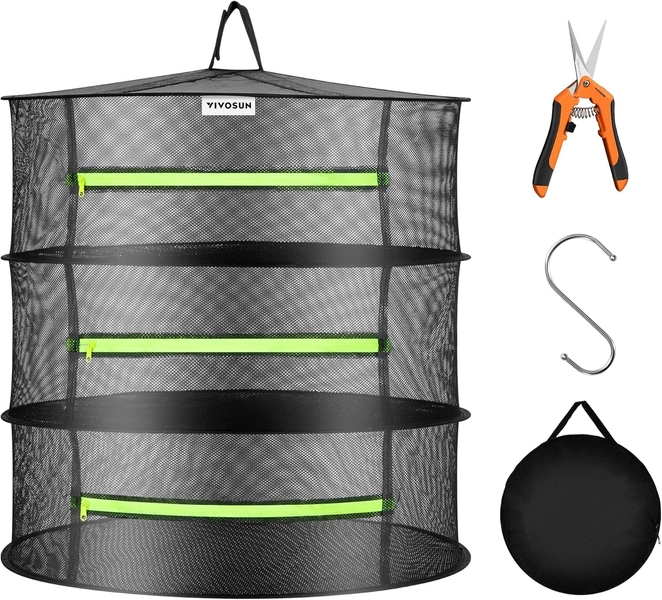 VIVOSUN 3-Layer Mesh Drying Rack Hanging Design w/ Green Zippers for Dehydrating