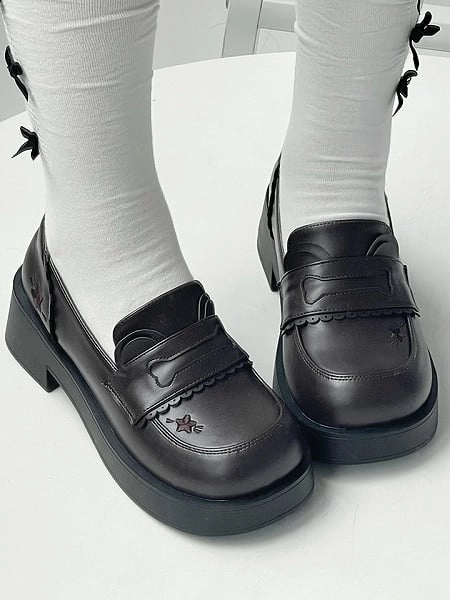 [$28.00]Mid-heel School Style Brown Loafers with Slip-In Fit Design, Adorable Bear Ear Decor and Stitched Star Details