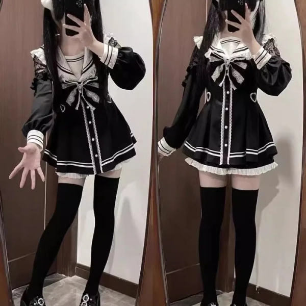 Jirai Kei-vestido negro de marinero, vestidos ajustados de retales de encaje, pantalones cortos interiores japoneses, conjunto de uniforme escolar JK para mujeres y niñas - AliExpress 200000532