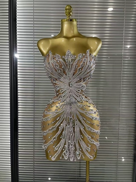 Minivestido Sexy de malla sin tirantes con lentejuelas brillantes para mujer, minivestido ceñido transparente para fiesta en club nocturno, ropa para escenario de celebración de cumpleaños