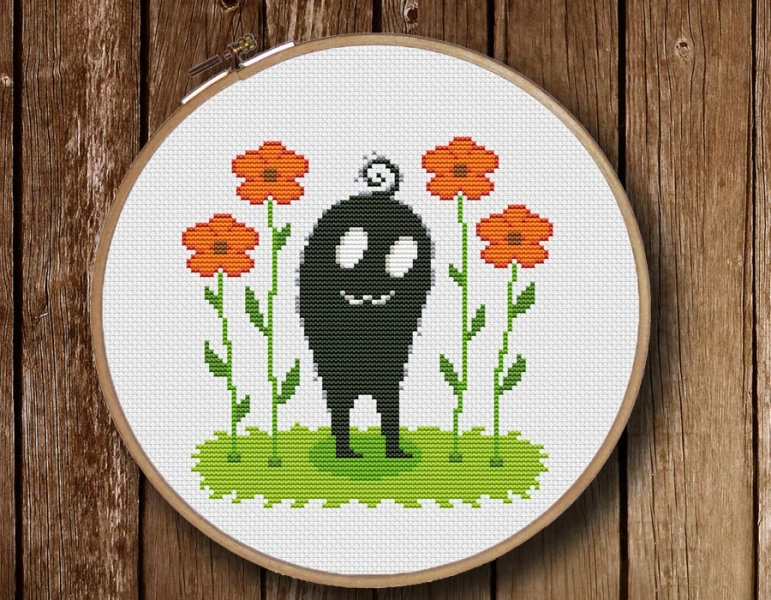 Funny Cross Stitch Pattern Video Game Stardew Valley Krobus Flowers PDF Instant Download Pixel art