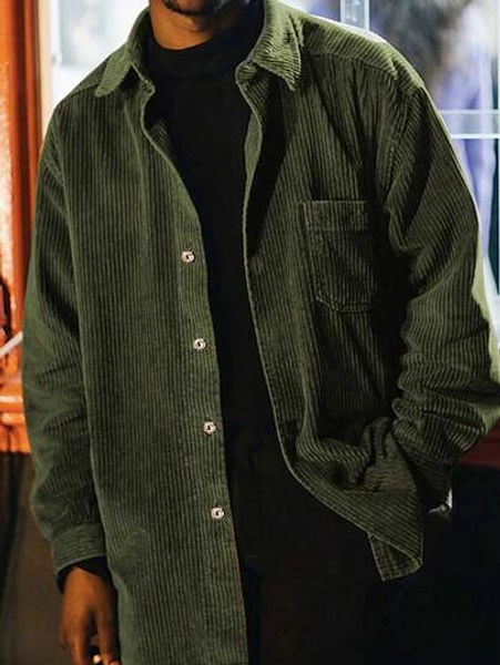 Men's Casual Fashion Solid Color Corduroy Fabric Collared Long Sleeve Button-Up Pocket Shacket, Suitable For Outdoor Activities, Commuting, Leisure Wear, Essential, For Fall Winter