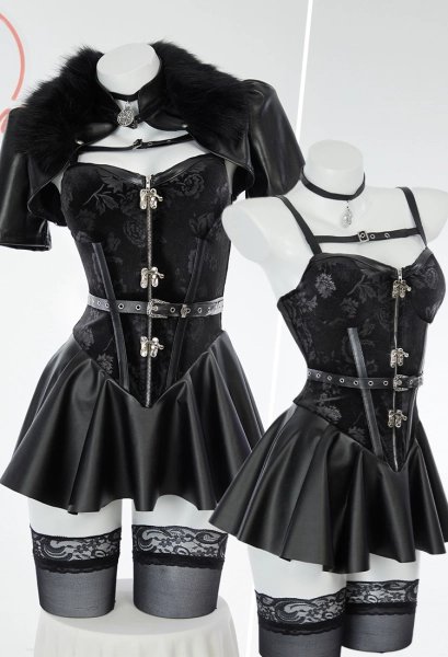 Yennefer Derivative Sexy Lingerie Set Black Dress and Short Jacket with Gloves and Belt Costume