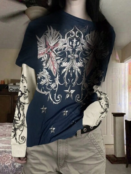 Y2K Style Graphic Print Contrast Color T-Shirt, Casual Minimalist Design For Everyday Wear