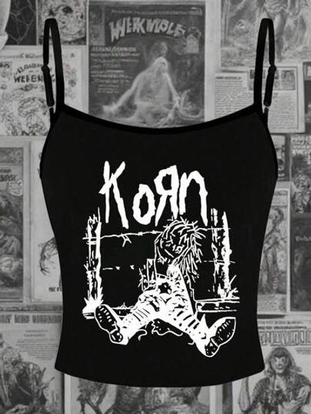 Plus Size Women Sexy Japanese Doll Print Camisole Goth Casual Punk Streetwear, Fitted Y2K Emo Style Crop Top