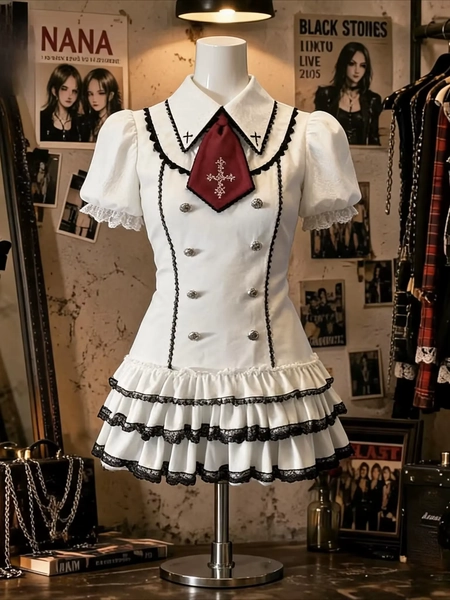 Gothic Lolita Jirai Kei Vintage Plaid Mini Dress Women New Double Breasted Puff Sleeve Cross Decor Harajuku Casual Streetwear