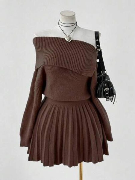 Sunspun Autumn/Winter Fashion Asymmetric Off-Shoulder Solid Color Waist Pleated Dress
