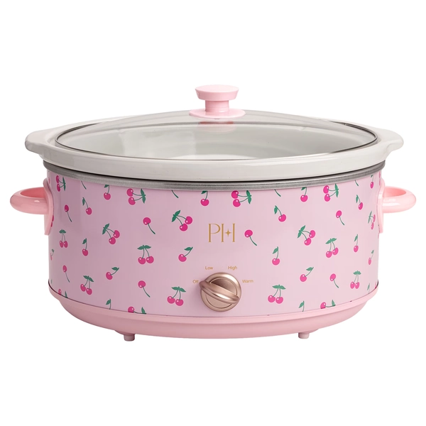 Paris Hilton 7-Quart Manual Slow Cooker with Removable Stoneware Pot and Tempered Glass Lid, 3 Heat Settings, Cherry Design, Pink - Walmart.com