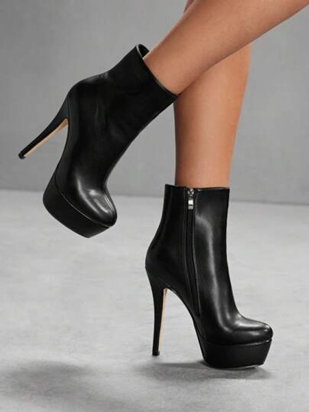 CUCCOO SZL Women Sexy Fashion High Platform Thin High Heel Casual Versatile Side Zipper Black Ankle Boots For Christmas