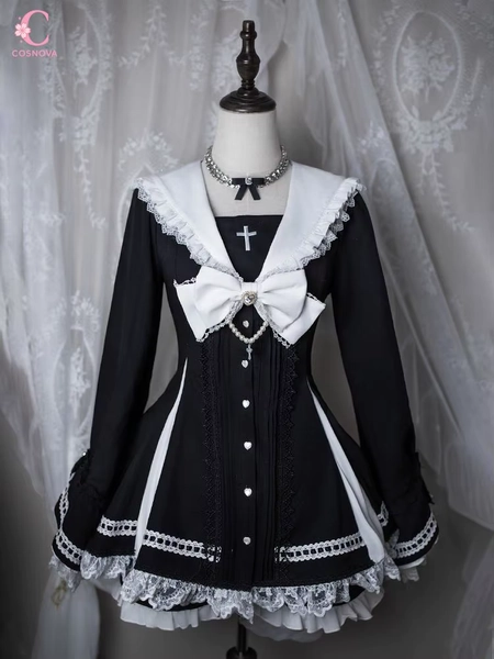 Japanese Gothic Lolita Dress Set Women Lace Patchwork Long Sleeve Bowknot Sailor Collar Mini Dress with Shorts Dark Sweet Outfit