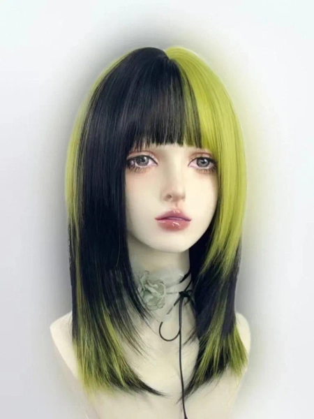Black and Neon Green Short Wig, Bangs, Cosplay Wig