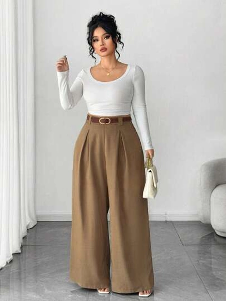 Elenzga Plus Size Women's Wide Leg Pants, Solid Apricot Color, Elegant Style, Fashionable For Commuting And Office Wear