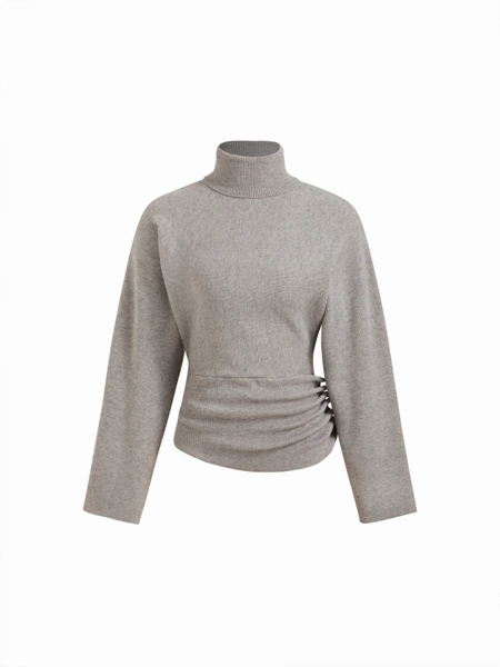 Knit Turtleneck Long Sleeve Button Side Ruched Cinched Waist Top