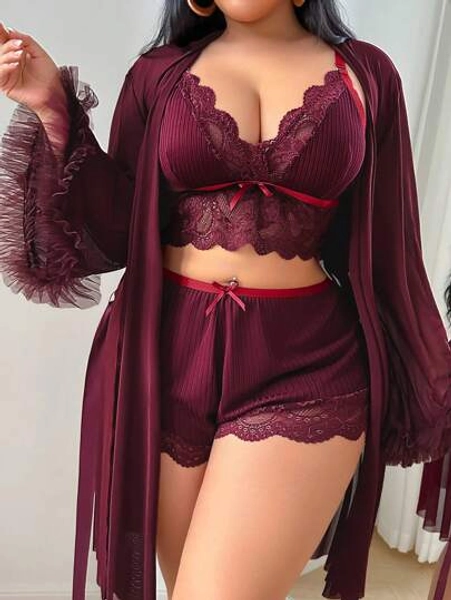 3pcs Set: Lace Patchwork Camisole Shorts + 3D Floral Trim Loose Sleeve Plus Size Mesh Robe