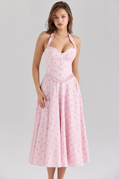 Georgie Pink Rose Print Stretch Cotton Halter Neck Midi Dress