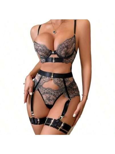 Lace Lingerie Set With Garter Belt Sheer Bra And Panty Floral Embroidery Adjustable Straps For Women Nightwear