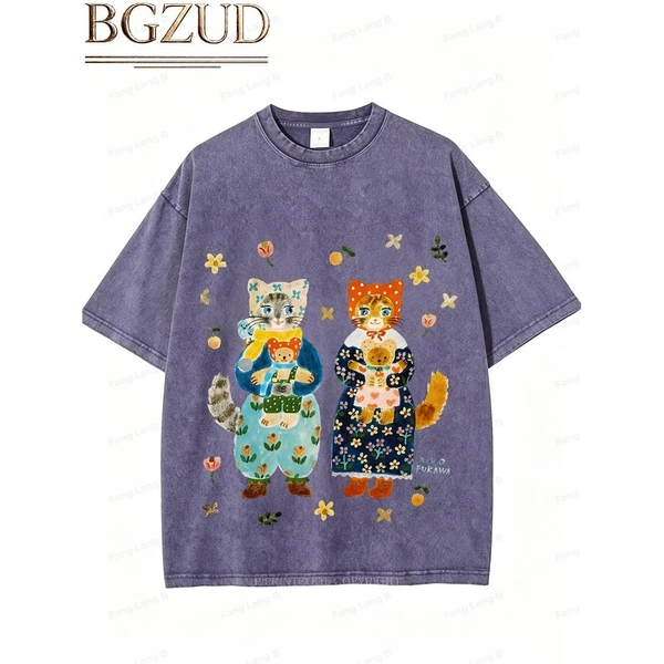 Cute Striped Cat And Blue Flower Pattern T-shirt, Vintage Washed Cotton Top, Men's Casual Streetwear, Dreamy Animal Print Top