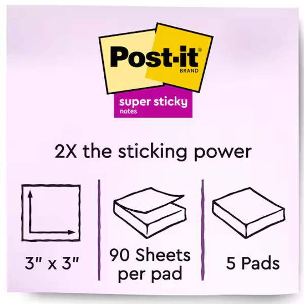Post-it® 3" x 3" Super Sticky Notes, 5 Pack