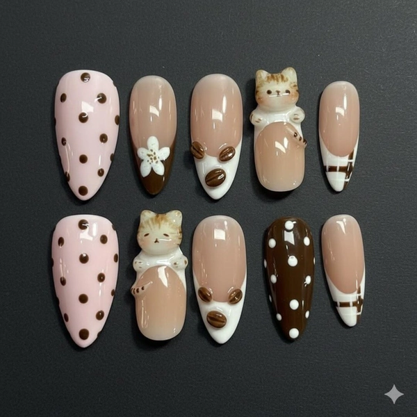Cat Coffee Bean Press on Nails, Kawaii Handmade Gel - Etsy