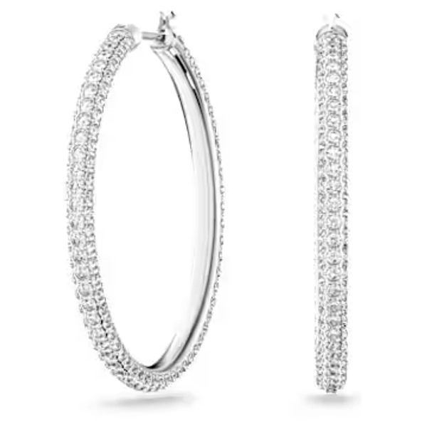 Dextera hoop earrings, Pavé, Large, White, Rhodium plated