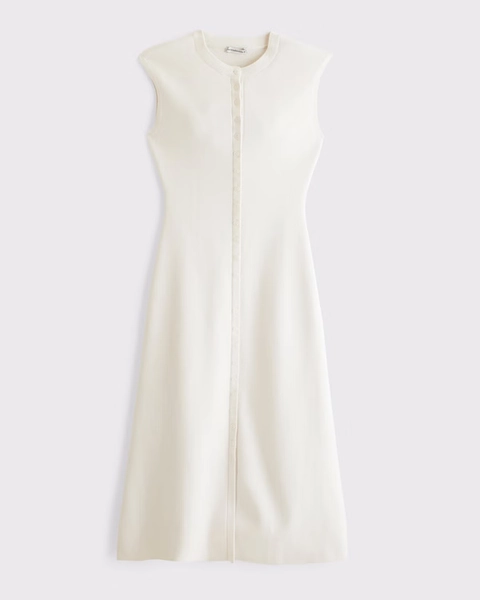 Short-Sleeve Button-Through Sweater Midi Dress