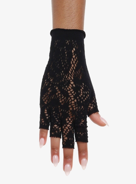 Black Lace Panel Fishnet Fingerless Gloves