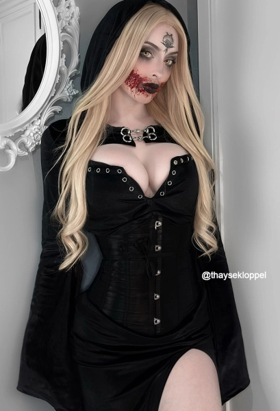 Halloween Women Gothic Black Vampire Hollow High-Slit Long Sling Dress with Cloak