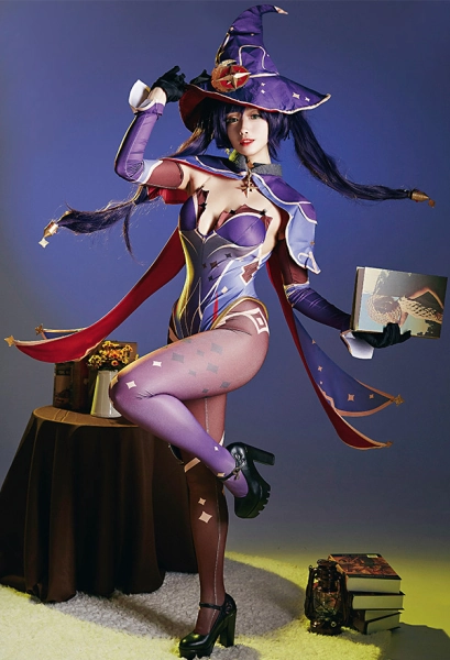 Genshin Impact Astrologist Mona Megistus Bodysuit Set Cosplay Costume Outfits with Hat and Shawl