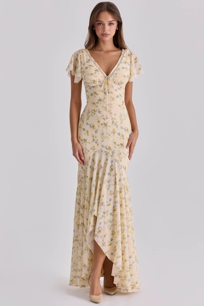 Amina Lemon Floral Print Georgette Maxi Tea Dress