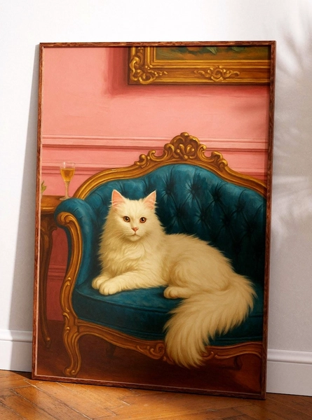 Elegant White Cat Poster - Vintage Royal Pet Print - Baroque Animal Wall Decor