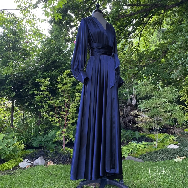 Midnight Blue "Beverly" Dressing Gown w/ Crystal Button