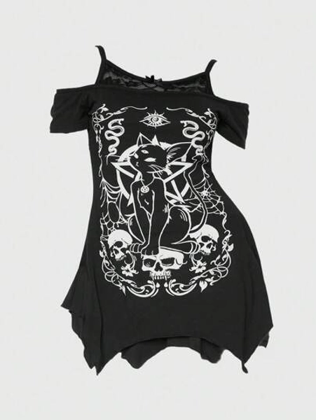 ROMWE Gyaru Inspired Summer Beach Festival Women Rave Streetwear, Goth Style Cat Star Skull Print Asymmetric Hem Off Shoulder Lace Camisole Loose Fit Plus Size T-Shirt