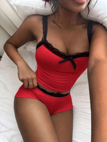 Amplova 2pcs/Set Color-Block Lace Splicing Bow Decor Camisole And Extra Low Waist Lace Fold Waist Line Mini Shorts Red Two Piece Set Red Sets For Women Red Lingerie Set Two Piece Lingerie Set - Size XXS