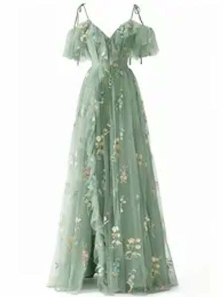 Green 1970s Slip Floral Embroidered Mesh Slit Dress Homecoming Dress Party Prom Dress