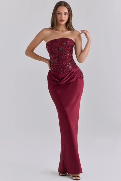 Samina Cabernet Embellished Tulle + Satin Strapless Maxi Dress