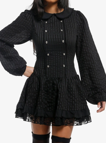Black Stripe Skull Stud Collared Dress