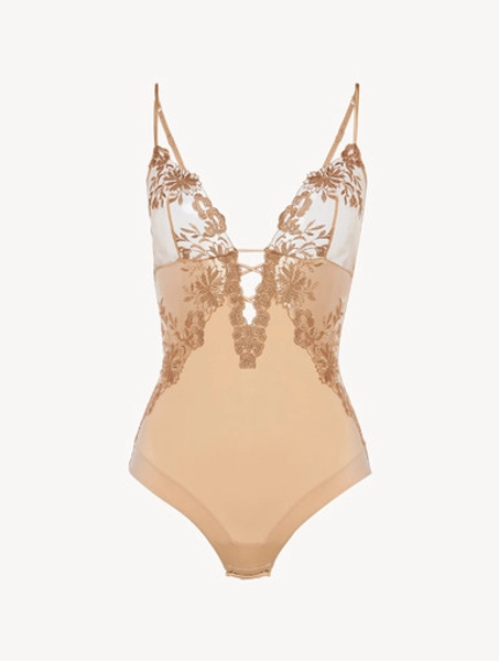 Bodysuit in beige Lycra with embroidered tulle