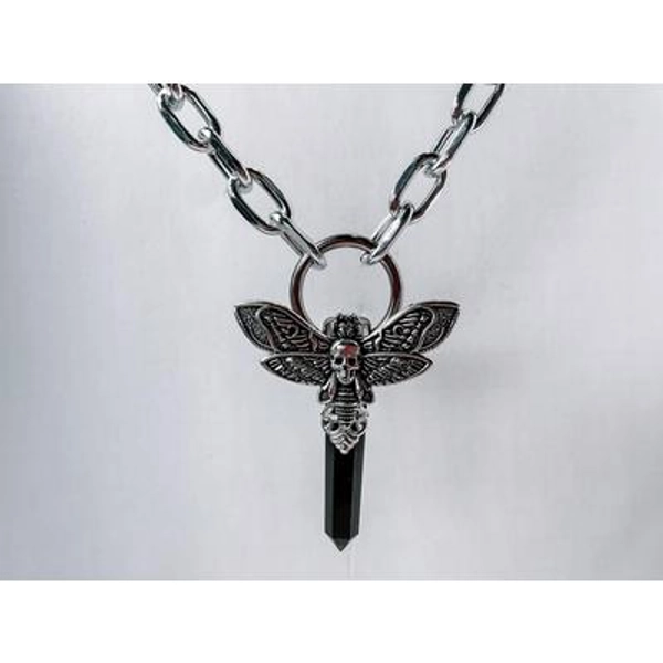 Crystal Necklace Black Death Moth Edgy Dark Goth