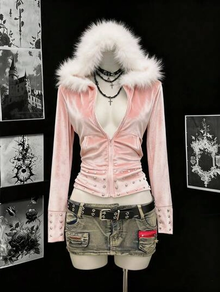 Women's Hooded Sweatshirt With Faux Fur Collar