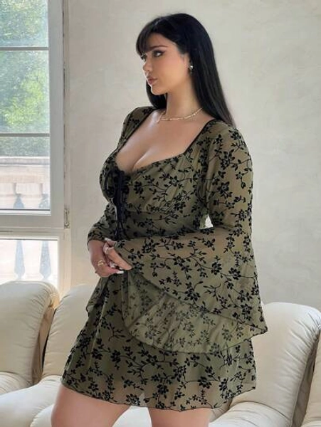 Vibekara Floral Print Tie-Waist V-Neck Long Sleeve Dress