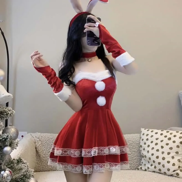 Christmas Cosplay Double Lace Fuzzy Ball Off The Shoulder Dress 