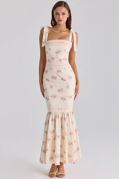 House of CB: Alessina Ivory Vintage Rose Print Cotton + Lace Maxi Dress