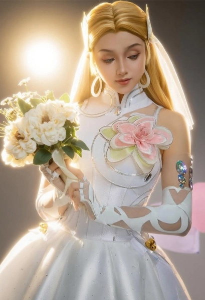 Rival Girl Sue Storm Wedding Skin Cosplay Costume White Dress with Veil and Pantyhose