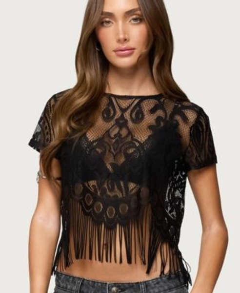 Women's Kira Sheer Lace Fringe Top
