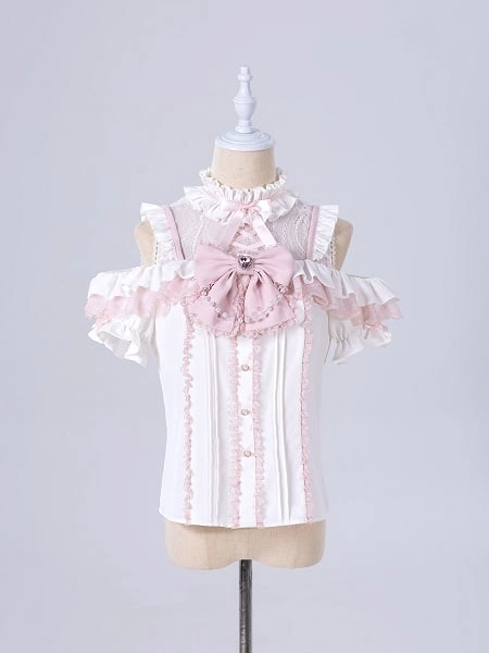 [$42.00]Jirai Kei Open Shoulders White and Pink Sweet Short Sleeves Blouse