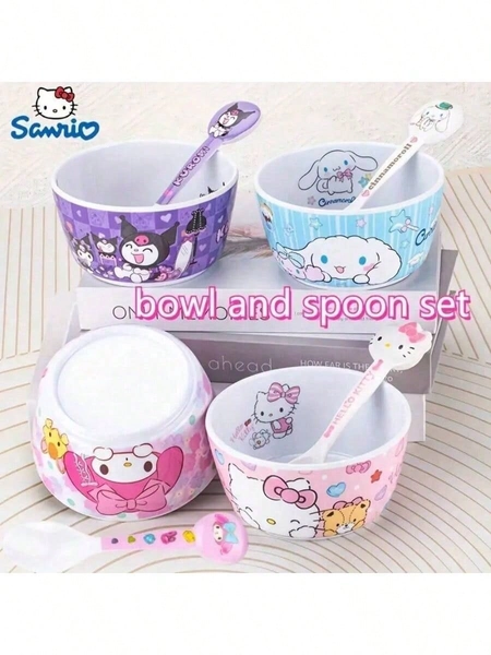 Sanrio 2pcs Sanrio Hello Kitty & For Kuromi Bowl And Spoon Set - Cute Cartoon Food Containers For College Dorms & Home Kitchen, Plastic, Adorable Cinnamoroll Design